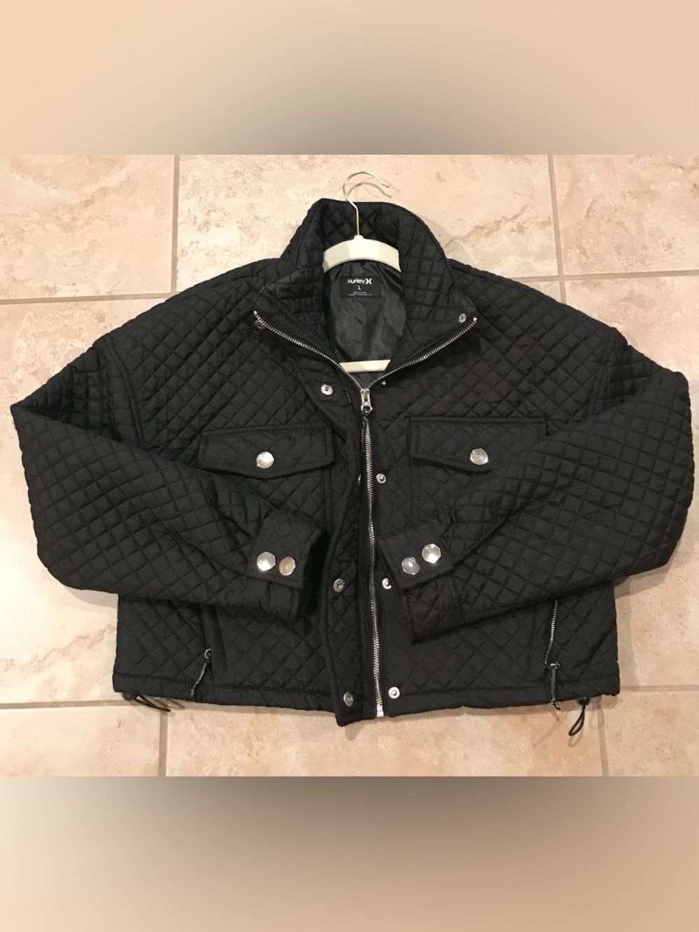 Hurley Black Womens Quilted Full Zip/Button Up Puffy Cropped Jacket - Size Large